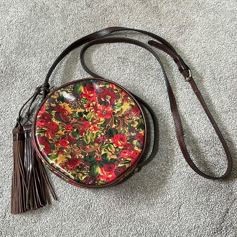 Patricia Nash Scafati Leather Canteen-Shaped Crossbody Bag Floral Tassel